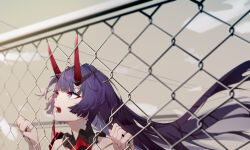 Rule 34 | 1girl, absurdres, bare shoulders, chain-link fence, cloud, commentary request, fence, floating hair, hands up, highres, honkai (series), honkai impact 3rd, horns, long hair, open mouth, outdoors, portrait, purple eyes, purple hair, raiden mei, sky, solo, very long hair, x-ray, yukizawa xueze