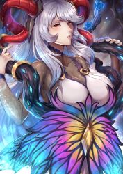 Rule 34 | 1girl, absurdres, blue flower, blue rose, bodysuit, breasts, commentary, curled horns, english commentary, evomanaphy, expressionless, fire emblem, fire emblem heroes, flower, freyja (fire emblem), goat horns, highres, horns, huge filesize, large breasts, looking at viewer, looking to the side, nintendo, red eyes, red horns, rose, silver hair, skin tight, slit pupils, solo, thorns, twitter username