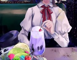 Rule 34 | 1girl, anmitsu (dessert), black hat, booth seating, brown hair, cafe, cherry, collared shirt, commentary request, dessert, food, fruit, hat, hat ribbon, head out of frame, ice cream, ice cream float, indoors, juliet sleeves, kiwi (fruit), kiwi slice, long sleeves, neck ribbon, parfait, poteimo (poteimo622), puffy sleeves, red ribbon, ribbon, shirt, short hair, solo, sweets, touhou, unworn headwear, usami renko, white shirt