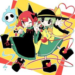 Rule 34 | 2girls, :q, animal ears, asameshi, black bow, black dress, black eyes, black footwear, black headwear, blush stickers, bow, braid, bright pupils, cat ears, chibi, dress, extra ears, floating skull, full body, green hair, green skirt, hair bow, hand up, heart, heart of string, highres, kaenbyou rin, komeiji koishi, long sleeves, looking at viewer, multiple girls, one eye closed, open mouth, pointy ears, red eyes, red hair, shirt, shoes, skirt, skull, smile, third eye, tongue, tongue out, touhou, twin braids, w, white pupils, wide sleeves, yellow background, yellow shirt