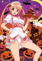 Rule 34 | 1girl, :d, absurdres, apron, bat (animal), bow, bow panties, breasts, choker, crescent moon, demon tail, ghost, halloween, hand on own hip, headdress, highres, jack-o&#039;-lantern, koutaro, long hair, looking at viewer, maid headdress, medium breasts, moon, open mouth, orange hair, original, panties, pink ribbon, pumpkin, red eyes, red ribbon, ribbon, ribbon choker, scan, short sleeves, smile, solo, standing, star (symbol), tail, twintails, underwear, white panties