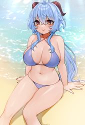 Rule 34 | 1girl, absurdres, ahoge, arm support, bare arms, bare legs, bare shoulders, beach, bikini, blue bikini, blue hair, blush, breasts, cleavage, closed mouth, collarbone, commentary, criss-cross halter, feet out of frame, ganyu (genshin impact), genshin impact, hair between eyes, halterneck, highres, horns, large breasts, lips, long hair, looking at viewer, navel, nemuaki, ocean, purple eyes, shadow, sidelocks, sitting, smile, solo, swimsuit, thighs, water, wide hips
