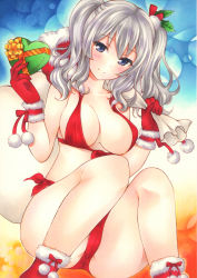 Rule 34 | 1girl, bikini, blue eyes, blush, breasts, closed mouth, gift, gloves, hair ornament, halterneck, highres, holding, holding gift, holding sack, kantai collection, kashima (kancolle), large breasts, long hair, looking at viewer, red bikini, red gloves, red socks, sack, santa costume, saya pr, side-tie bikini bottom, sidelocks, silver hair, smile, socks, solo, squatting, swimsuit, twintails, wavy hair