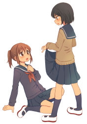 Rule 34 | 2girls, :d, arm support, black hair, blue legwear, blush, brown eyes, brown hair, cardigan, clothes lift, flashing, hachiko (hati12), hand on own chest, lifting own clothes, looking at another, multiple girls, open mouth, original, pleated skirt, ponytail, school uniform, serafuku, shoes, short hair, simple background, skirt, skirt lift, smile, socks, sweatdrop, uwabaki, white background, yuri