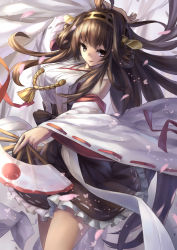 Rule 34 | 10s, 1girl, ahoge, bad id, bad pixiv id, brown hair, detached sleeves, frilled skirt, frills, hairband, hand fan, headgear, japanese clothes, kantai collection, kongou (kancolle), kzhu, long hair, personification, petals, purple eyes, ribbon-trimmed sleeves, ribbon trim, skirt, solo, wide sleeves