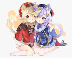 Rule 34 | 2girls, absurdres, animal ear fluff, animal ears, backpack, bag, bead necklace, beads, bell, blonde hair, blue dress, cat ears, cat girl, cat tail, charm (object), clover print, coat, coin hair ornament, dress, ebichiri sunday, fang, genshin impact, hair ornament, hat, highres, jewelry, jiangshi, jingle bell, klee (genshin impact), kneeling, long sleeves, mandarin collar, multiple girls, necklace, ofuda, one eye closed, open mouth, paw pose, paw print, paw print background, pointy ears, pom pom (clothes), puffy long sleeves, puffy sleeves, purple eyes, purple hair, qiqi (genshin impact), randoseru, red coat, red dress, red eyes, short hair, smile, socks, tail, thighhighs, v arms, white background, white legwear