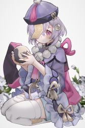 Rule 34 | 1girl, bad id, bad pixiv id, bead necklace, beads, blush, closed mouth, flower, genshin impact, grey background, hat, highres, holding, hufy, jewelry, jiangshi, necklace, ofuda, pink eyes, purple hair, purple hat, qingdai guanmao, qiqi (genshin impact), seiza, short hair, sitting, solo, thighhighs, white thighhighs