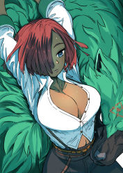 Rule 34 | 1girl, absurdres, animal, arrow (symbol), belt, black pants, blue eyes, breasts, cleavage, collared shirt, dark skin, giovanna (guilty gear), guilty gear, guilty gear strive, hair over one eye, heart, highres, large breasts, nakahara kaihei, pants, recycling symbol, red hair, rei (guilty gear), shirt, short hair, suspenders, white shirt