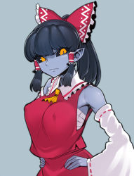 Rule 34 | 1girl, alternate hair color, ascot, bare shoulders, black hair, black sclera, blue background, blue skin, blunt bangs, bow, breasts, colored sclera, colored skin, covered erect nipples, dark persona, demon girl, detached sleeves, frown, hair bow, hair tubes, hakurei reimu, hands on own hips, large breasts, long hair, pointy ears, ponytail, sarashi, simple background, slit pupils, solo, spacezin, touhou, v-shaped eyebrows, wide sleeves, yellow ascot, yellow eyes