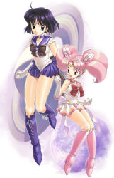 Rule 34 | 1990s (style), 2girls, bishoujo senshi sailor moon, bishoujo senshi sailor moon s, bishoujo senshi sailor moon supers, bob cut, boots, bow, brooch, brown bow, chibi usa, child, choker, cone hair bun, earrings, elbow gloves, full moon, gloves, hair bun, heart, heart brooch, jewelry, jumping, knee boots, magical girl, moon, multicolored clothes, multicolored skirt, multiple girls, name connection, object namesake, pink footwear, pink hair, purple footwear, purple hair, purple skirt, red bow, retro artstyle, sailor chibi moon, sailor saturn, sailor senshi, saturn (planet), short twintails, skirt, super sailor chibi moon, super sailor saturn, tiara, tomoe hotaru, twintails, uchiu kazuma, white gloves