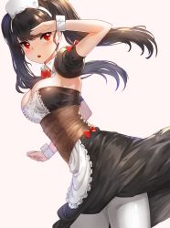 Rule 34 | 1girl, :&lt;, apron, armpits, black hair, corset, from side, kfr, long hair, maid, maid apron, maid headdress, pantyhose, red eyes, shading eyes, simple background, solo, twintails, white background, white pantyhose, wrist cuffs