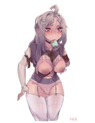 Rule 34 | 1girl, ahoge, amputee, areola piercing, bad id, bad pixiv id, blush, breasts, dildo, dildo under panties, food, garter straps, highres, inverted nipples, large breasts, long hair, mouth hold, nipple piercing, nipples, piercing, pink eyes, popsicle, pussy, revealing clothes, safety pin, see-through, sex toy, silver hair, solo, sweat, thighhighs, tongue, transparent background, white thighhighs, ykc5