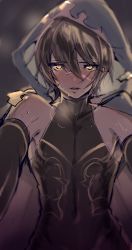 Rule 34 | 1boy, black hair, blurry, blush, collarbone, covered navel, dark skin, dark-skinned male, depth of field, female pov, granblue fantasy, highres, hood, jamil (granblue fantasy), looking at viewer, male focus, parted lips, pov, rojione, scar, simple background, skin tight, sleeveless, smile, solo, sweat, yellow eyes, you gonna get raped