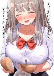 Rule 34 | 1girl, ^ ^, blush, bow, bowtie, bra, breasts, brown hair, button gap, cleavage, closed eyes, collarbone, fang, food, holding, holding food, kaisen chuui, large breasts, long hair, long sleeves, open mouth, original, red bow, red bowtie, school uniform, shirt, simple background, solo, translated, underwear, white background, white shirt