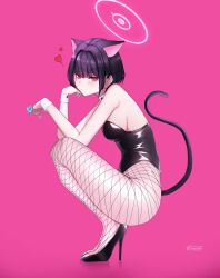 Rule 34 | 1girl, absurdres, alternate costume, animal ears, black hair, black leotard, blue archive, candy, cat ears, colored inner animal ears, colored inner hair, cymh2348, detached collar, extra ears, fishnet pantyhose, fishnets, food, halo, heart, high heels, highleg, highleg leotard, highres, kazusa (blue archive), kittysuit, leotard, multicolored hair, nontraditional playboy bunny, pantyhose, pink background, pink hair, pink halo, playboy bunny, ring pop, simple background, solo, squatting, strapless, strapless leotard, tail, wrist cuffs