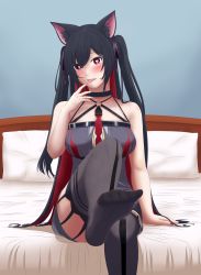Rule 34 | 1girl, absurdres, black footwear, black hair, blush, breasts, collarbone, colored inner hair, feet, heart, heart in eye, highres, long hair, looking at viewer, medium breasts, mitsurugi lia, multicolored hair, nail polish, non-web source, on bed, red hair, red nails, self-upload, sitting, soles, solo, symbol in eye, thighhighs, tongue, tongue out, very long hair, virtual youtuber, wactor production