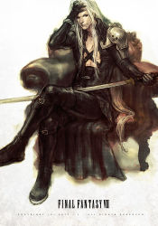 Rule 34 | 1990s (style), 1boy, copyright name, couch, final fantasy, final fantasy vii, green eyes, hand on own face, j (onose1213), katana, crossed legs, long hair, sephiroth, silver hair, sitting, sword, weapon