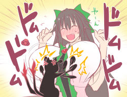 Rule 34 | 1girl, anger vein, black cat, black hair, blush, bow, breast envy, breast slap, breasts, cat, center frills, closed eyes, collared shirt, commentary request, fang, frills, green bow, hair between eyes, hair bow, huge breasts, impossible clothes, impossible shirt, kaenbyou rin, kaenbyou rin (cat), long hair, nose blush, open mouth, otoufu (wddkq314band), reiuji utsuho, shirt, smile, third eye, touhou, translation request, upper body, wavy mouth, white shirt