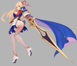 Rule 34 | 1girl, absurdres, armor, ass, blonde hair, blue cape, blue eyes, blue skirt, bracelet, breasts, cape, fingerless gloves, frown, full body, gloves, grey background, hair intakes, hair ribbon, high heels, highres, holding, holding sword, holding weapon, japanese armor, jewelry, kote, kusazuri, large breasts, lize cai, long hair, looking at viewer, looking back, original, panties, red gloves, red ribbon, revealing clothes, ribbon, sash, shoulder armor, simple background, skirt, skirt set, sode, solo, stiletto heels, sword, tassel, two-sided cape, two-sided fabric, underwear, weapon, white footwear, white legwear, white panties