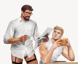 Rule 34 | 2boys, bara, bare arms, blonde hair, briefs, brown hair, chewing, collared shirt, cup, eating, facial hair, facial scar, food, garter straps, glasses, goatee, holding, holding cup, holding newspaper, looking at another, male focus, male underwear, multiple boys, newspaper, nez, no pants, overwatch, reaper (overwatch), sandwich, scar, scar on cheek, scar on face, shirt, simple background, sitting, sleeveless, sleeveless shirt, soldier: 76 (overwatch), table, underwear, white shirt