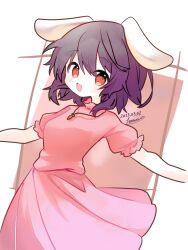 Rule 34 | 1girl, :d, animal ears, arms up, black hair, breasts, carrot necklace, commentary request, cowboy shot, dress, floppy ears, hair between eyes, happy, inaba tewi, jewelry, lennonrine, light blush, looking at viewer, necklace, open mouth, outstretched arms, petite, pink dress, rabbit ears, red eyes, short hair, simple background, small breasts, smile, solo, touhou, white background