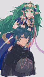 Rule 34 | 1boy, 1girl, adz lrp, armor, blue eyes, blue hair, braid, byleth (fire emblem), byleth (male) (fire emblem), closed mouth, fire emblem, fire emblem: three houses, green eyes, green hair, grey background, hands on another&#039;s head, highres, long hair, nintendo, pointy ears, ribbon braid, short hair, simple background, smile, sothis (fire emblem), tiara, twin braids