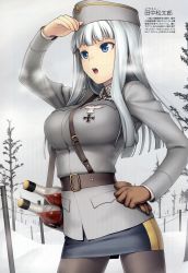 Rule 34 | 1girl, alcohol, barbed wire, belt, black pantyhose, blue eyes, blue skirt, blunt bangs, bottle, breasts, brown gloves, carl gustaf emil mannerheim, cross, fence, finland, fog, genderswap, genderswap (mtf), germany, gloves, unworn gloves, hand on own hip, hat, highres, iron cross, large breasts, long hair, long sleeves, mc axis, military, military hat, military uniform, molotov cocktail, non-web source, open mouth, original, outdoors, pantyhose, real life, sam browne belt, single glove, skirt, snow, solo, strap, tanaka shoutarou, text focus, translation request, tree, uniform, white hair, wine, wine bottle, world war ii
