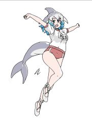 Rule 34 | 1girl, acesrulez, blouse, blue eyes, blue hair, blush, buruma, cetacean tail, commentary request, common bottlenose dolphin (kemono friends), dolphin girl, fins, fish tail, flats, grey hair, gym uniform, kemono friends, looking at viewer, multicolored hair, open mouth, outstretched arms, red buruma, shirt, short hair, short sleeves, smile, solo, t-shirt, tail, translation request, white footwear, white hair, white shirt