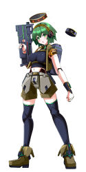 Rule 34 | 1girl, :o, amino dopple, assault rifle, backpack, bag, blue thighhighs, boots, breasts, brown shorts, fold-over boots, full body, green eyes, green hair, gun, halo, headphones, highres, holding, holding gun, holding weapon, joints, large breasts, looking at viewer, mechanical halo, midriff, navel, original, rifle, ringed eyes, robot, robot joints, shorts, simple background, solo, standing, thighhighs, weapon, white background, wristband