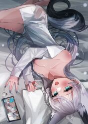 Rule 34 | 1girl, absurdres, ahoge, animal ears, aqua eyes, bare shoulders, bed sheet, blue nails, blush, breasts, cleavage, clothes pull, dress shirt, fox ears, fox girl, fox tail, full body, grey hair, hair between eyes, hair down, highres, hololive, iwahada, long hair, looking at viewer, medium breasts, nail polish, naked shirt, off shoulder, on bed, open mouth, shirakami fubuki, shirt, shirt pull, shoulder blush, solo, tail, upside-down, virtual youtuber, white shirt
