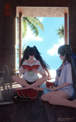 Rule 34 | 2girls, absurdres, black hair, black shorts, blue bow, blue bra, bow, bra, breasts, crossed legs, food, fruit, hair between eyes, hair bow, highres, holding, holding food, long hair, lucia: plume (punishing: gray raven), lucia (punishing: gray raven), multiple girls, open clothes, open mouth, open shirt, punishing: gray raven, red eyes, selena (punishing: gray raven), shirt, shorts, sidelocks, sitting, small breasts, twintails, underwear, very long hair, watermelon, watermelon slice, white shirt, yibai