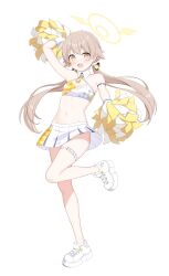 Rule 34 | 1girl, arm strap, arm up, bare shoulders, blue archive, cheerleader, crop top, gloves, halo, hifumi (blue archive), highres, kurumi lm, light brown hair, long hair, low twintails, open mouth, pleated skirt, pom pom (cheerleading), simple background, skirt, smile, solo, thigh strap, twintails, white background, white footwear, white gloves, white skirt, yellow eyes, yellow halo