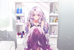 Rule 34 | 1girl, :&lt;, bare shoulders, bottle, chest tattoo, closed mouth, curling iron, drill hair, from behind, hair rollers, haruna (hrnrnh), highres, hyakumantenbara salome, indoors, light particles, long hair, looking at mirror, mirror, nijisanji, purple eyes, purple hair, reflection, solo, strap slip, tattoo, upper body, virtual youtuber