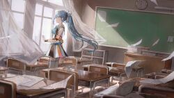 Rule 34 | 1girl, android, barcode, barcode tattoo, belt, blue belt, blue hair, blue neckerchief, bookshelf, bow, chair, chalkboard, classroom, clock, closed mouth, commission, curtains, day, desk, flying paper, hair bow, highres, kumagai yuka, light particles, long hair, multicolored clothes, multicolored skirt, neckerchief, original, paper, pleated skirt, ponytail, reflective surface, sailor collar, school chair, school desk, see-through, see-through sleeves, short sleeves, skirt, smile, solo, tattoo, thighhighs, virtual youtuber, white bow, white sailor collar, white thighhighs, wind, window, yellow eyes