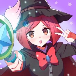 Rule 34 | 1girl, :3, black hat, black shirt, bob cut, cape, commentary, danganronpa (series), danganronpa v3: killing harmony, dot nose, face, hair ornament, hairclip, hat, holding, holding staff, jewelry, looking at viewer, qosic, red cape, red eyes, red hair, red ribbon, ribbon, shirt, short hair, simple background, solo, staff, star (symbol), tongue, tongue out, v, white wings, wings, witch hat, yumeno himiko