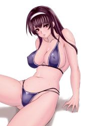 Rule 34 | 1girl, absurdres, akira (yuibnm71), arm support, bad anatomy, bare shoulders, bikini, breasts, brown hair, collarbone, commentary, covered erect nipples, graphite (medium), hairband, highres, kasumigaoka utaha, large breasts, long hair, looking at viewer, multi-strapped bikini bottom, multi-strapped bikini top, navel, parted lips, red eyes, saenai heroine no sodatekata, shadow, simple background, sitting, solo, sweat, sweatdrop, swimsuit, traditional media, white background