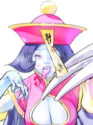 Rule 34 | 1girl, birokichi00, blue hair, blue skin, breasts, capcom, chinese clothes, claws, cleavage, cleavage cutout, clothing cutout, colored skin, hat, highres, jiangshi, large breasts, lei lei, saliva, tongue, tongue out, vampire (game)