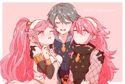 Rule 34 | 1boy, 2girls, black gloves, braid, closed mouth, closed eyes, family, father and daughter, fire emblem, fire emblem awakening, fire emblem fates, gloves, grandmother and granddaughter, grey hair, hairband, happy birthday, highres, kona (rabbitrabbit2037), laslow (fire emblem), long hair, long sleeves, matching hair/eyes, midriff, mother and son, multiple girls, navel, nintendo, olivia (fire emblem), one eye closed, open mouth, pink background, pink eyes, pink hair, ponytail, see-through, short hair, simple background, soleil (fire emblem), twin braids, white hairband