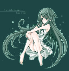 Rule 34 | barefoot, dress, english text, feet, full body, green background, hair flaps, knees together feet apart, long hair, saya (saya no uta), saya no uta, simple background, solo, sundress, toes, very long hair