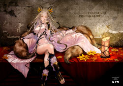 Rule 34 | 1girl, animal ears, bare shoulders, barefoot, china dress, chinese clothes, dress, grey hair, highres, leaf, long hair, looking at viewer, maple leaf, nail polish, original, red nails, redjuice, revision, smile, solo, tail, yellow eyes