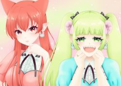 Rule 34 | 10s, 2girls, alternate costume, alternate hairstyle, azazel ameri, bad id, bad pixiv id, blush, breasts, clenched hand, eyelashes, facing viewer, female focus, green eyes, green hair, hair between eyes, hair ribbon, horns, jewelry, large breasts, lips, long hair, looking at viewer, mairimashita! iruma-kun, matching hair/eyes, multiple girls, open mouth, pointy ears, portrait, red eyes, red hair, ribbon, ring, sharp teeth, smile, teeth, twintails, upper teeth only, valac clara