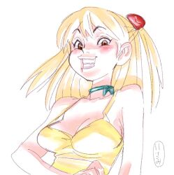 Rule 34 | 1girl, blush, breasts, brown hair, choker, dress, female focus, grin, isami meena, long hair, medium breasts, naughty face, neon genesis evangelion, no bra, shaded face, short twintails, simple background, smile, solo, souryuu asuka langley, sundress, twintails, white background, yellow dress