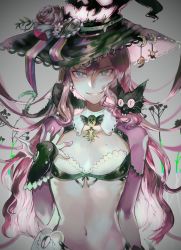 Rule 34 | 1girl, bad id, bad pixiv id, blue eyes, bra, breasts, cat, freng, gradient background, green bra, green eyes, grin, hair between eyes, hand up, hat, heterochromia, long hair, looking at viewer, mole, mole on breast, navel, parted lips, purple hair, revealing clothes, small breasts, smile, solo, teeth, underwear, very long hair, wavy hair, witch, witch hat