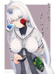 Rule 34 | 1girl, befu, black gloves, blush, border, breasts, can, closed mouth, clothes writing, fuyutsuki (kancolle), gloves, grey eyes, grey neckerchief, hachimaki, hair between eyes, headband, highres, holding, holding can, kantai collection, large breasts, long hair, neckerchief, one side up, puffy short sleeves, puffy sleeves, sailor collar, school uniform, serafuku, short sleeves, silver hair, solo, translation request, twitter username, upper body, white border, white headband, white sailor collar
