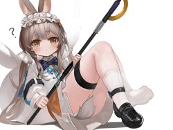 Rule 34 | 1girl, :o, ?, animal ear fluff, animal ears, arknights, ass, black footwear, blue bow, blue bowtie, blue ribbon, blush, bow, bowtie, brown eyes, brown hair, commentary request, dokomon, dress, highres, holding, korean commentary, loafers, long hair, long sleeves, looking at viewer, low twintails, neck ribbon, orange skirt, panties, parted lips, puffy long sleeves, puffy sleeves, rabbit ears, ribbon, shoes, simple background, single shoe, skirt, socks, solo, tail, thigh strap, twintails, underwear, very long hair, warmy (arknights), white background, white dress, white panties, white socks