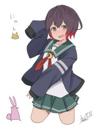 Rule 34 | 1girl, absurdres, animal print, blue jacket, blush, brown eyes, brown hair, cat print, commentary request, cowboy shot, crescent, dated, gradient hair, green sailor collar, green skirt, highres, inica, jacket, kantai collection, multicolored hair, mutsuki (kancolle), necktie, open mouth, pleated skirt, rabbit, red necktie, sailor collar, school uniform, serafuku, short hair, signature, simple background, skirt, solo, uniform, white background