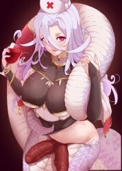 Rule 34 | 1girl, absurdres, alcohol, blush, breasts, bridal gauntlets, cup, drinking glass, extra penises, futanari, hair between eyes, hat, highres, holding, holding cup, lamia, large breasts, light purple hair, long hair, looking at viewer, monster girl, monster musume no oisha-san, nurse cap, parted lips, penis, red eyes, saphentite neikes, scales, slit pupils, solo, tail, todding, uncensored, wine, wine glass