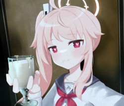 Rule 34 | 1girl, ahoge, asymmetrical hair, black sailor collar, blue archive, blush, closed mouth, collarbone, commentary, cum, cum chalice (meme), cum string, cup, cupping glass, drinking glass, english commentary, halo, hand up, heart, heart-shaped pupils, holding, holding cup, long hair, long sleeves, looking at viewer, meme, natsu (blue archive), neckerchief, photo background, pink eyes, pink hair, red eyes, red neckerchief, sailor collar, sailor shirt, school uniform, serafuku, shirt, side ponytail, single sidelock, smile, solo, symbol-shaped pupils, upper body, white shirt, wine glass, ziz (pandora707)