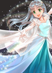 Rule 34 | 1girl, :d, absurdres, ayuko (ayuko54bornthisway), blue dress, collarbone, diadem, dress, elbow gloves, floating hair, gloves, green eyes, highres, index (toaru majutsu no index), long dress, long hair, open mouth, outstretched arms, silver hair, sleeveless, sleeveless dress, smile, snowflakes, solo, standing, straight hair, toaru majutsu no index, twitter username, very long hair, white gloves