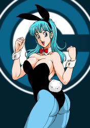 Rule 34 | 1girl, animal ears, aqua hair, armpits, ass, bare shoulders, black leotard, blue eyes, blue pantyhose, blurry, blurry background, bow, bowtie, breasts, bulma, capsule corp, cleavage, clenched hands, cowboy shot, detached collar, dragon ball, dragon ball (classic), fake animal ears, fake tail, female focus, groin, hands up, happy, highres, kugayama hodai, large breasts, legs, leotard, lipstick, long hair, looking at viewer, looking back, makeup, neck, open mouth, pantyhose, playboy bunny, rabbit ears, rabbit tail, red bow, red bowtie, red lips, round teeth, shiny skin, smile, solo, standing, strapless, strapless leotard, tail, teeth, thighs, twisted torso, upper teeth only, wrist cuffs